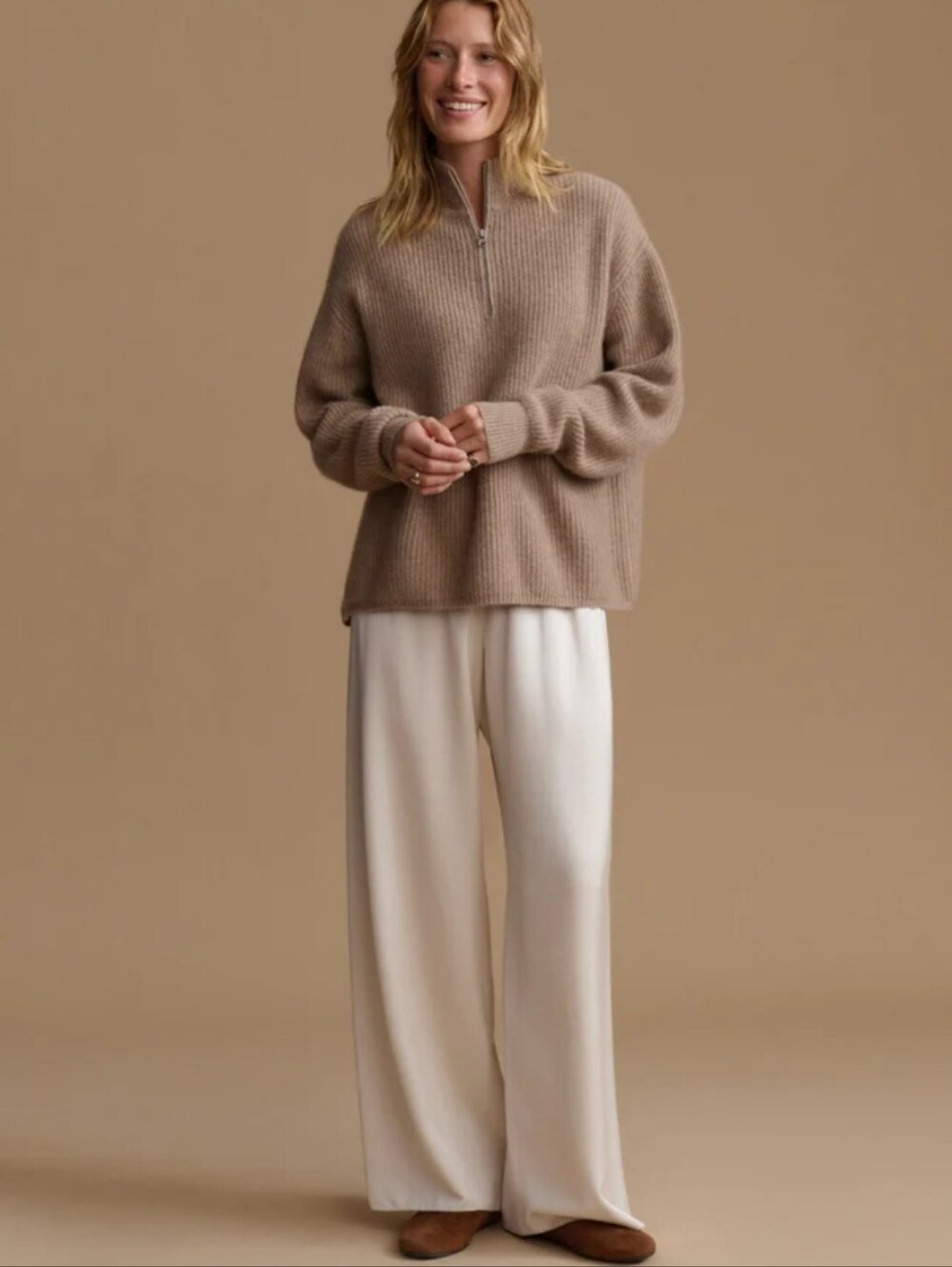 Jenni Kayne Cashmere Half Zip Sweater - Taupe - Size Large